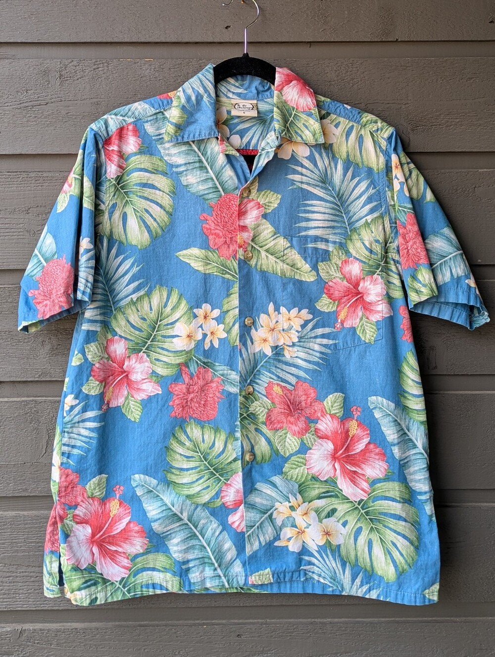 Go Barefoot Tropical Floral Short Sleeve Button Front Hawaiian Shirt Small Blue